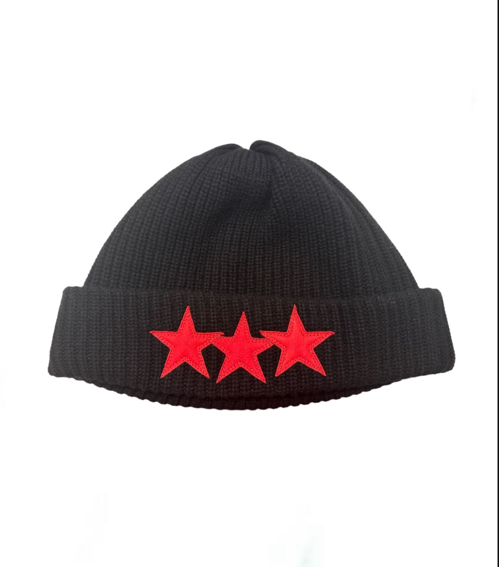 Chrome Hearts Black Cashmere Beanie with Triple Red Leather Star Patches