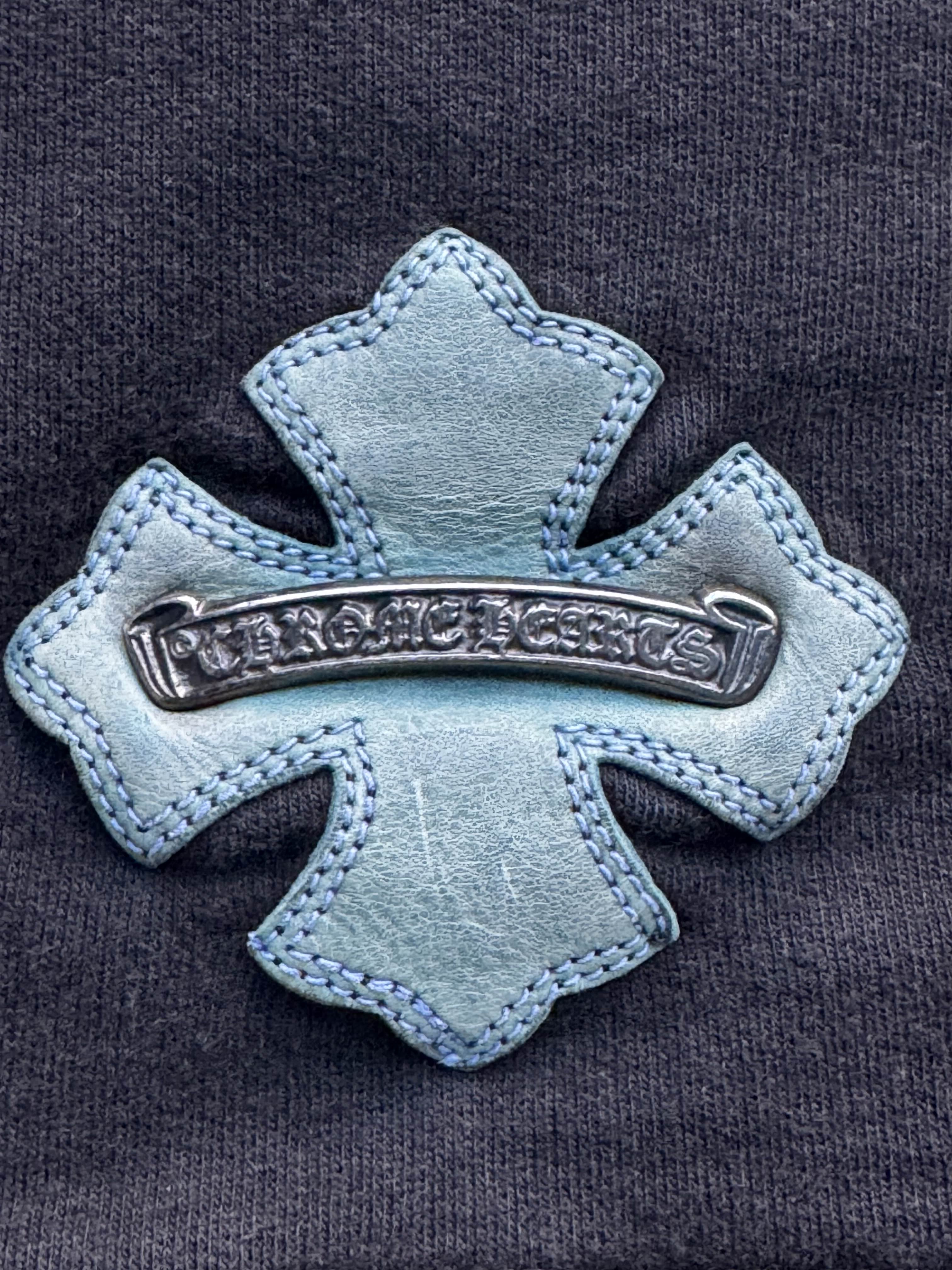 Vintage Chrome hearts Black Crewneck Pullover with Teal Leather Plus Patch and Silver scroll