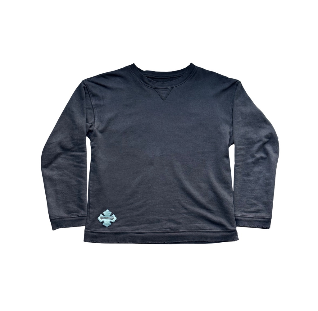 Vintage Chrome hearts Black Crewneck Pullover with Teal Leather Plus Patch and Silver scroll