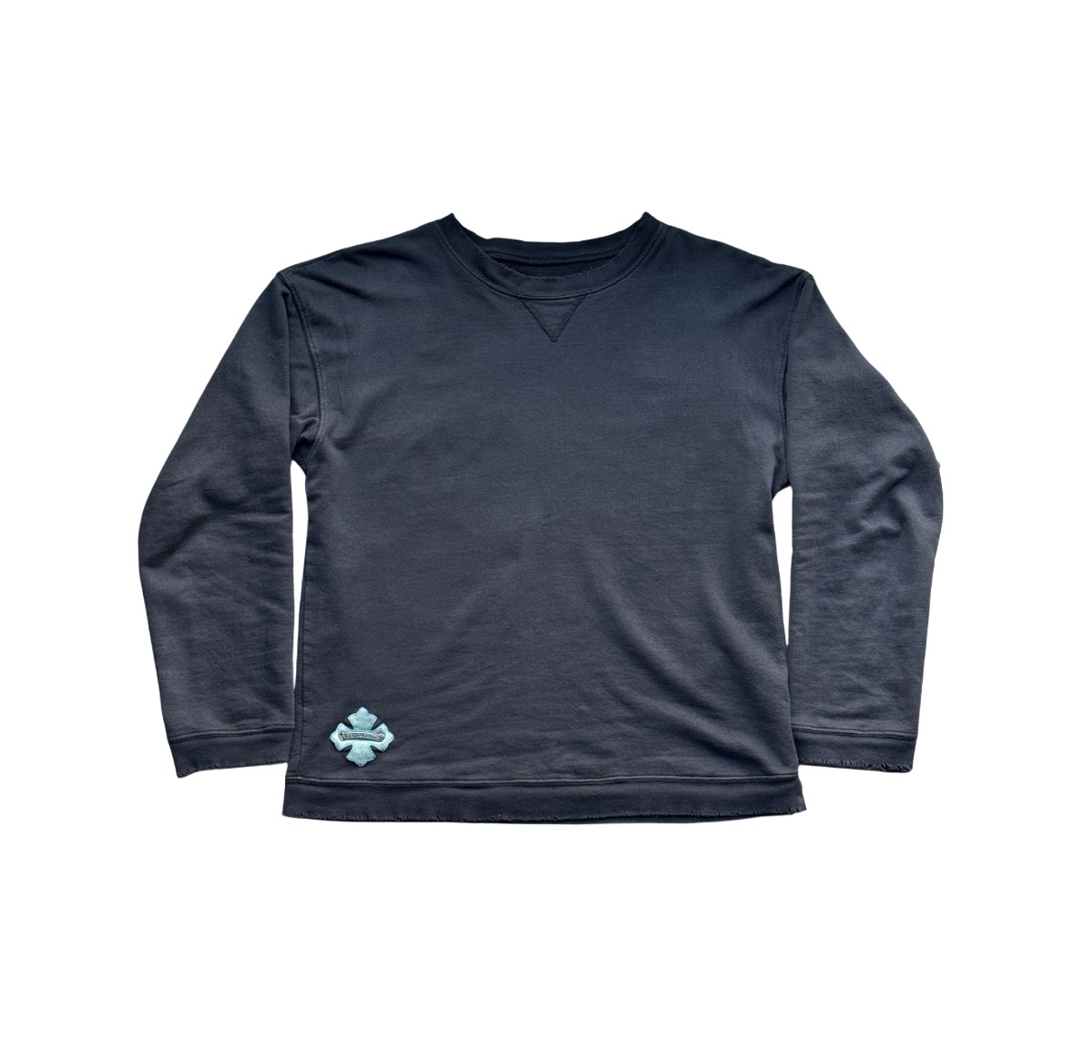 Vintage Chrome hearts Black Crewneck Pullover with Teal Leather Plus Patch and Silver scroll