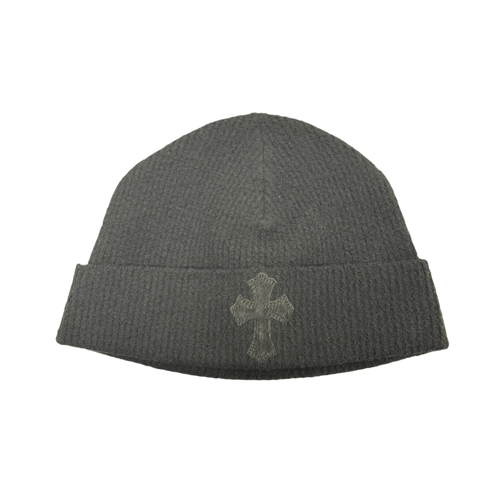 Chrome Hearts Black Cashmere Beanie with Black Pony-hair Cross patch