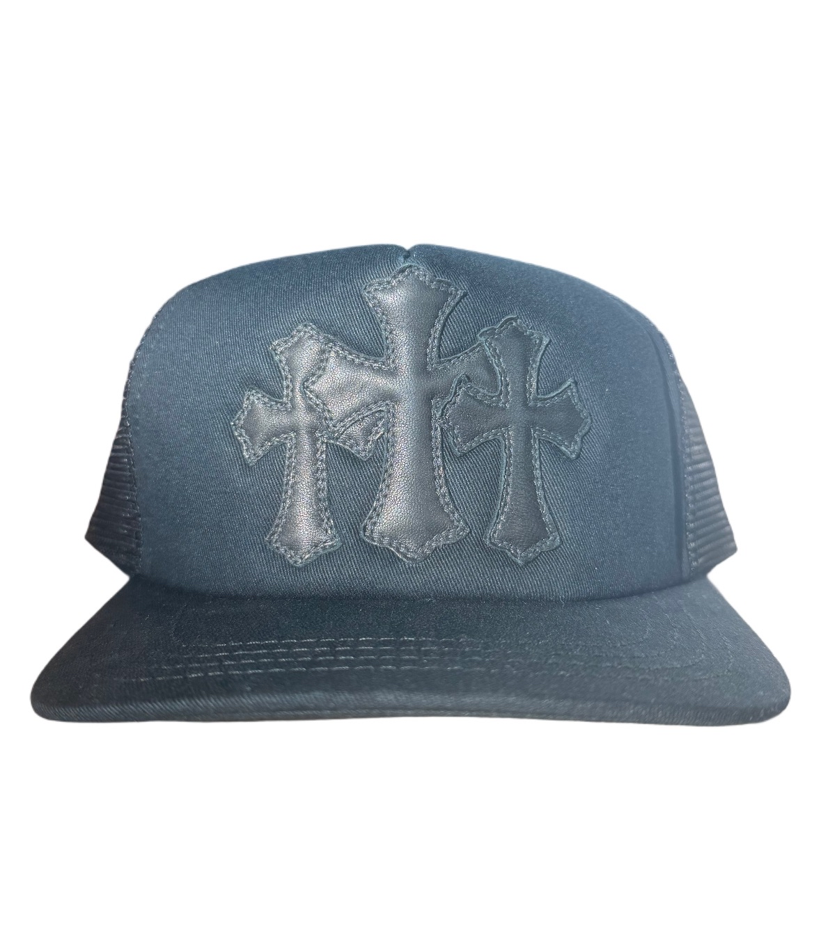 Chrome Hearts Black Cemetery Cross Patch on Black Trucker Hat