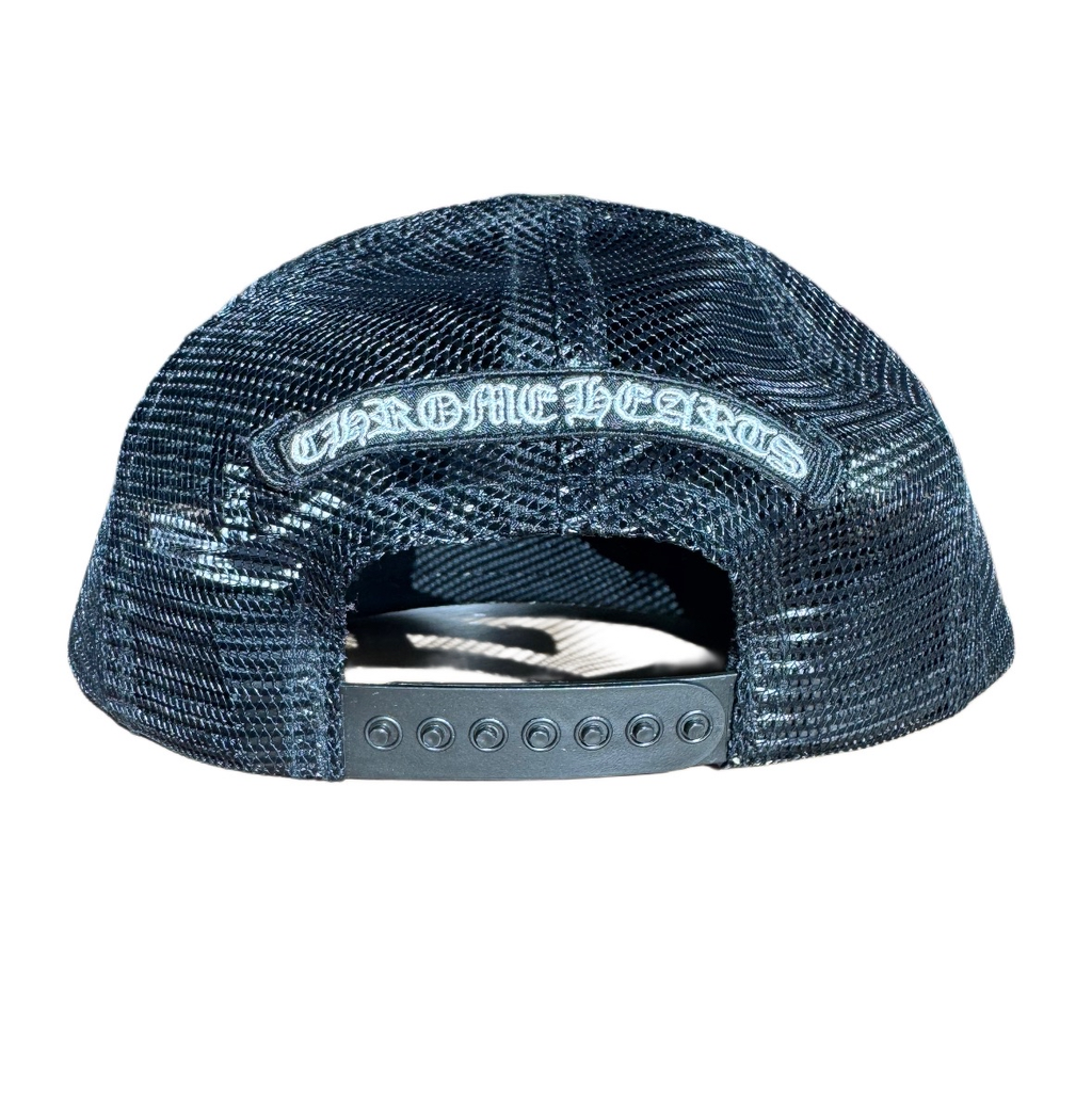 Chrome Hearts Black Cemetery Cross Patch on Black Trucker Hat