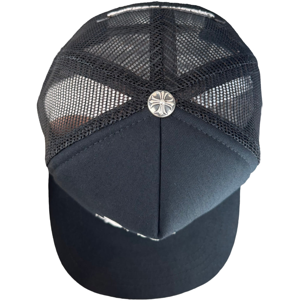 Chrome Hearts White Leather Cemetery Cross Patch on Black Trucker Hat