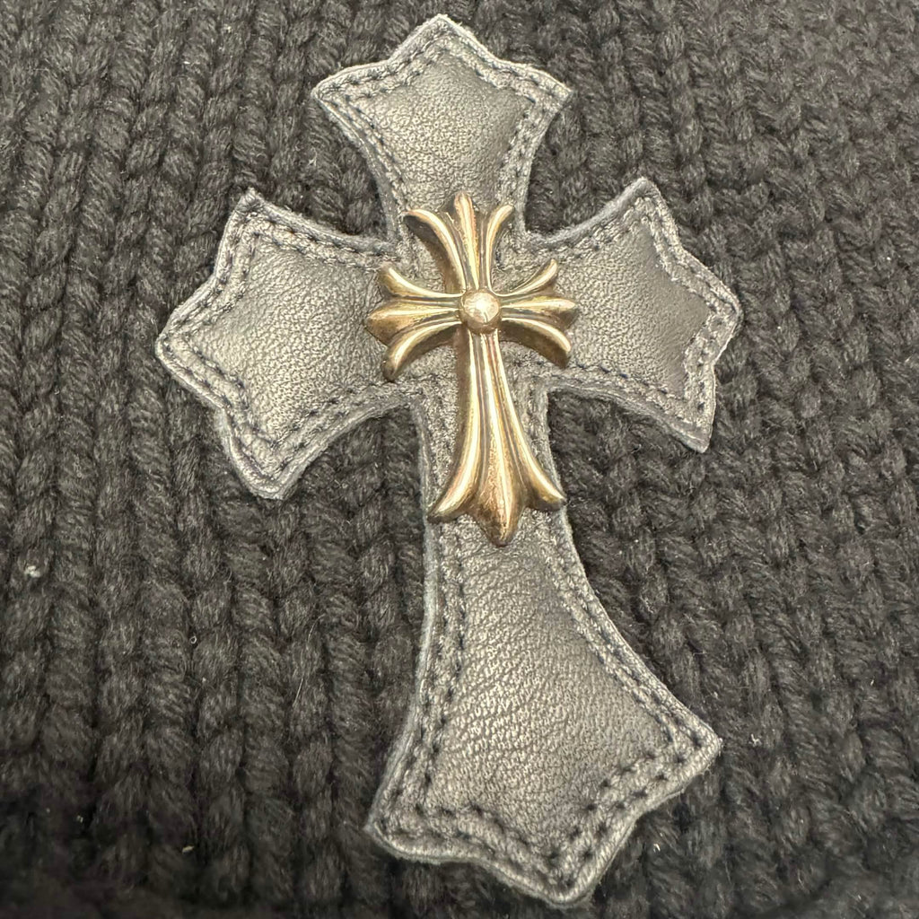Vintage Chrome Hearts Black Cashmere Beanie With Black Leather Cross Patch and Silver Cross